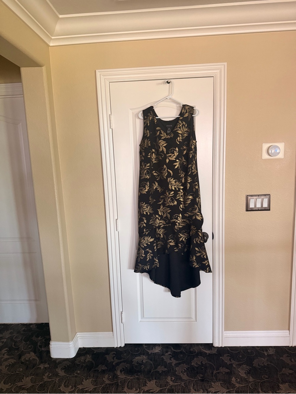 Enfocus Studio Black Dress with Gold Leaf Print High-Low Hem 14W